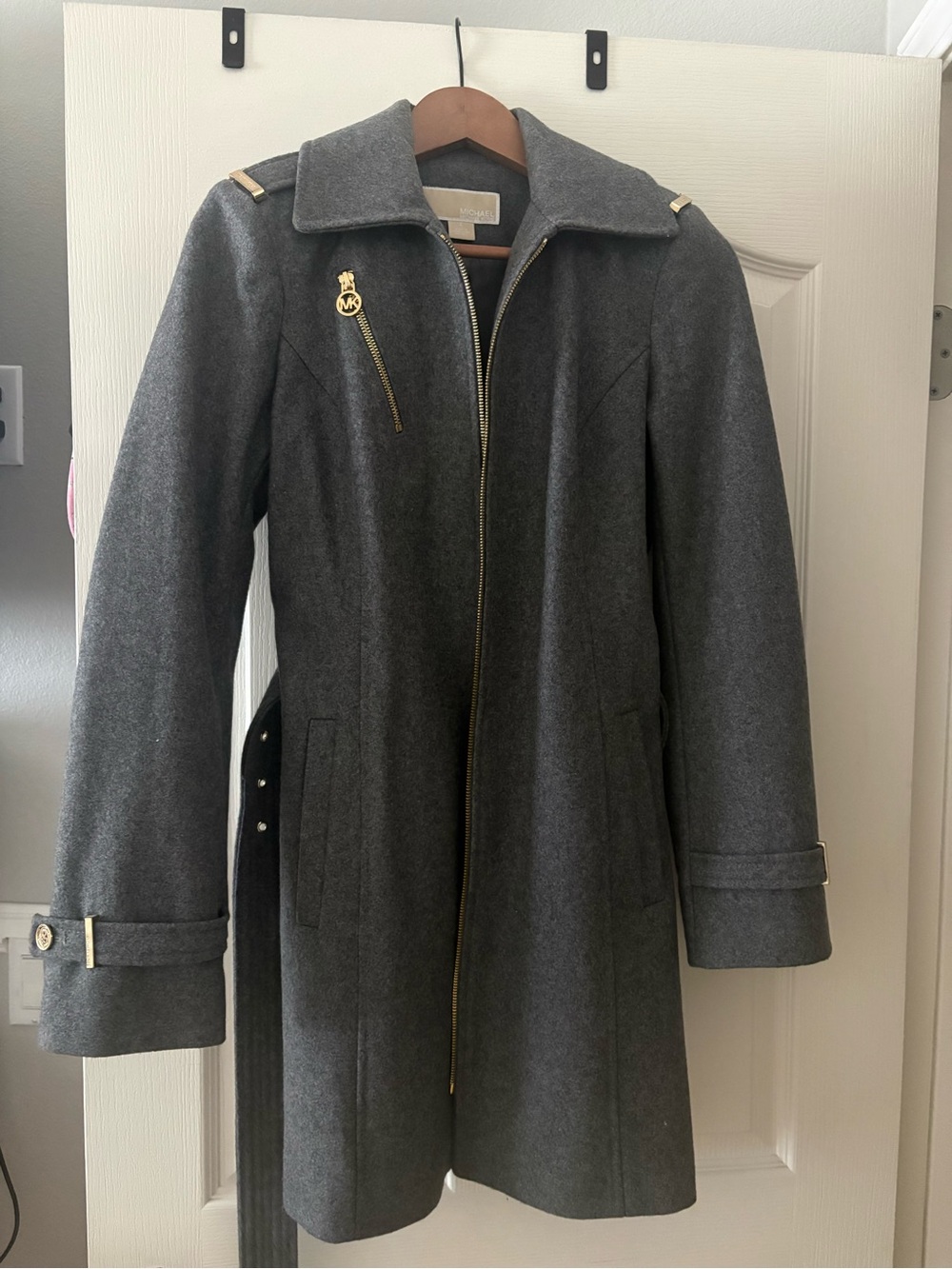 MICHAEL Michael Kors Dark Gray Trench Coat with Gold Hardware